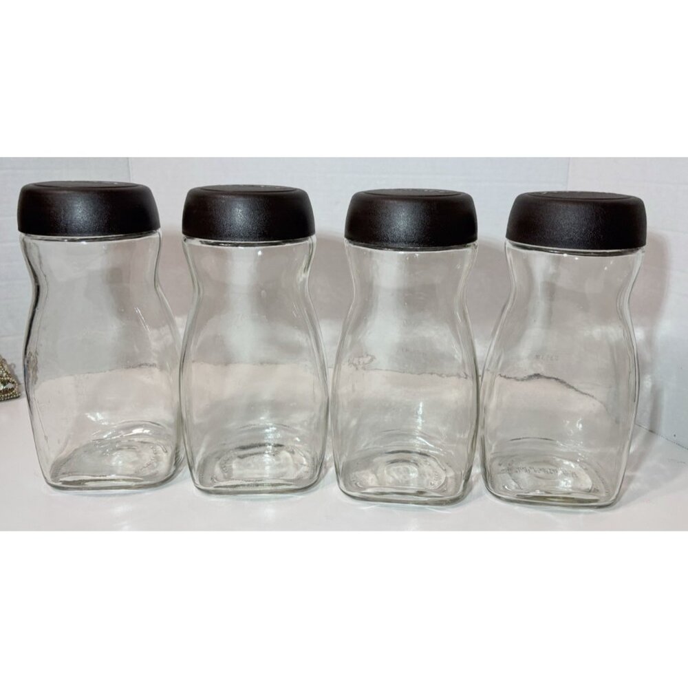 4 Nescafe Empty Glass Jar With Plastic Lid Storage 7 1/2 inches tall Brown Lid